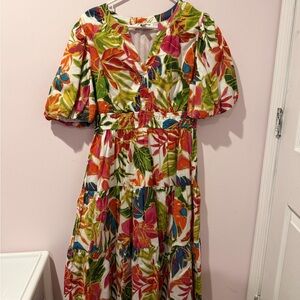 Floral Puff-Sleeve Midi Dress in Multi